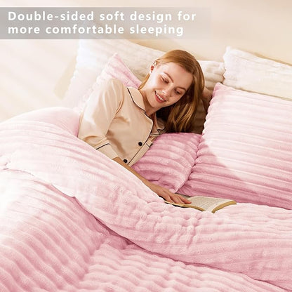 CozyLux Fluffy King Size Comforter Set - Super Soft Faux Fur Pink Comforter King Size, Winter Warm Fleece Bedding Set, 3 Pieces Plush Fuzzy Bed Set (1 Shaggy Comforter, 2 Pillowcases)