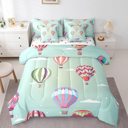 Watercolor Hot Air Balloon Bed in a Bag Comforter Set,Hand Drawn Clouds King Size 7 Pieces for Kids Teens,White Polka Dot Bedding Set with Comforter, Sheet Set, Pillowcases, Pillow Covers