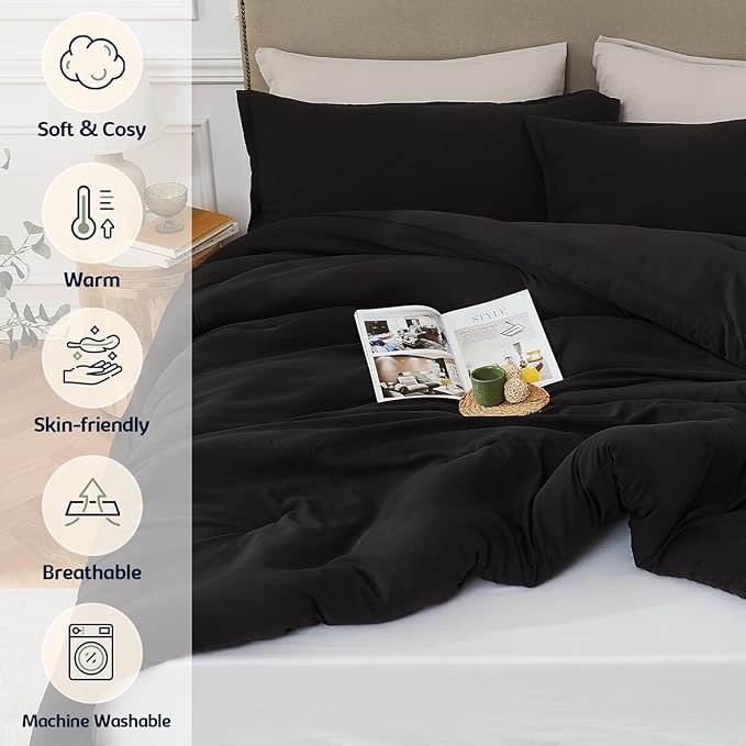 Queen Comforter Sets Black,3PCS Soft Lightweight Breathable Bedding Comforter Sets for All Season, Queen Size(90''×90'' Comforter & 2 Pillowcases)