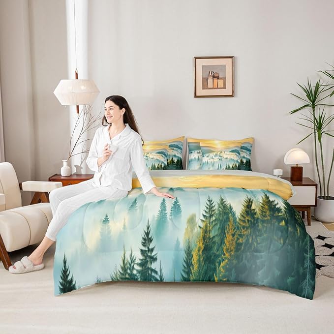 Erosebridal Smoky Mountain King Comforter Set with Sheets 7 Piece Gold Sun Sunrise Bed in A Bag Woodland Pine Tree Bedding Sets for Kids Adults,Natrue Bed Set