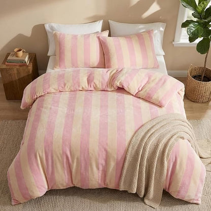 Bedbay Pink Striped Comforter Set King Size Luxury Velvet Comforter Set Cozy Reversible Fleece Soft & Warm Fluffy Flannel Bedding Blush Yellow Stripes Pattern King Bed Set 3 Pcs with Pillowcases