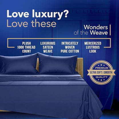 TEXAS LINEN CO. 100% Egyptian Cotton Standard/Queen Size Pillow Cases Set of 2-1000 Thread Count Pillow Cover - Breathable & Cooling Navy Blue Pillowcases Set of 2 for Standard/Queen Pillows