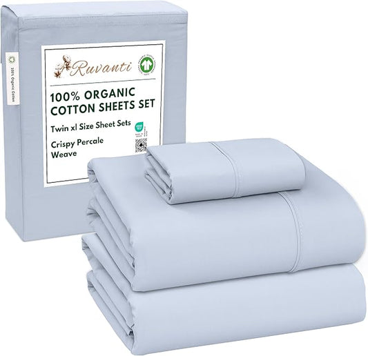 RUVANTI 100% Organic Cotton Sheets Twin XL, Percale Weave, GOTS Certified, 3-Piece Set, Deep Pocket 15", Crisp & Breathable, Soft Durable Bedding, Sábanas Algodón Orgánico – Arctic Ice