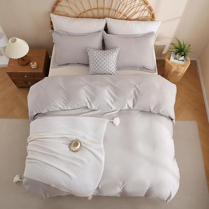 JSD Light Grey Duvet Cover Set Queen Size, 3 Piece Duvet Cover with Pillow Shams, Soft Brushed Microfiber Zipper Closure, Comforter Not Included