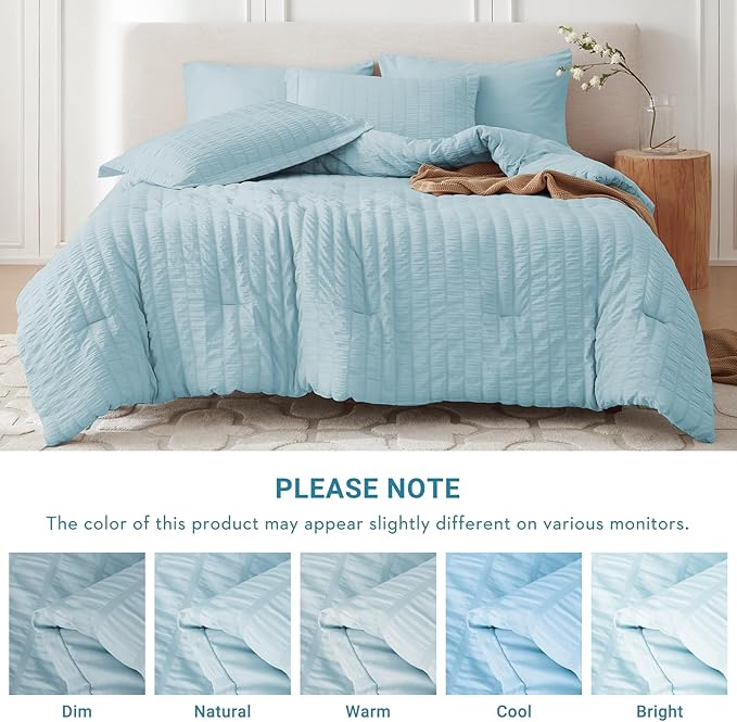 MUXHOMO 5 Pieces Twin Comforter Set, Seersucker Bed in a Bag Twin Size, All Season Luxury Bedding Set with Comforter, Flat Sheet, Fitted Sheet, Pillowcase & Sham, Lake Blue