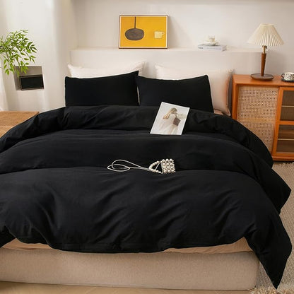 ECOCOTT 3 Pieces Duvet Cover King Size 100% Washed Cotton 1 Duvet Cover with Zipper and 2 Pillowcases, Ultra Soft and Easy Care Breathable Cozy Simple Style Bedding Set (Black,King)