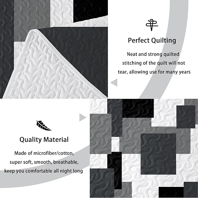3 Piece Black Grey Quilt Set King Size Black White Gray Geometric Reversible Bedding Set Microfiber Lightweight Bedspread Coverlet with 2 Shams Modern Bed Covers for All Season, 106''x96''
