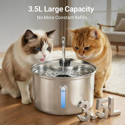 304 Stainless Steel Cat Water Fountain, 118oz/3.5L Pet Drinking Fountain for Cats and Small Dogs, Ultra-Quiet, Dishwasher Safe, Water Level Window, Cat Fountain with Smart Pump Protection