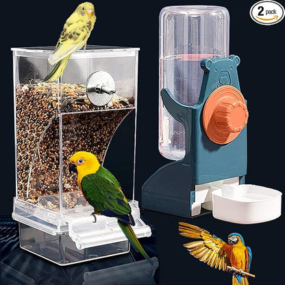 Kenond No Mess Bird Feeders Water Dispenser Set，Automatic Feeders for Cage | Automatic Parrot Feeder Cage Accessories, Clear Seed Container Food Drinker for Cage, for Cockatiel Lovebirds Budgies Canary