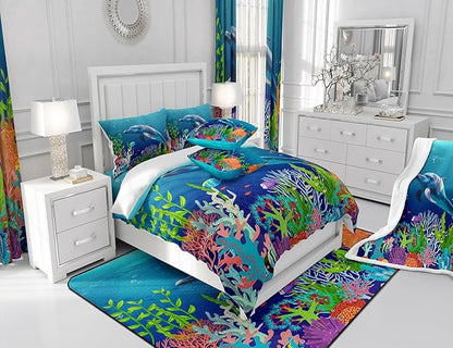 Cute Dolphin Kids Bedding Set Ocean Fish Coral Duvet Cover Set Cartoon Undersea Boys Girls Comforter Cover Set Blue Underwater Bedspread Cover Bedroom Quilt Cover Twin with 1 Pillowcase,No Comforter