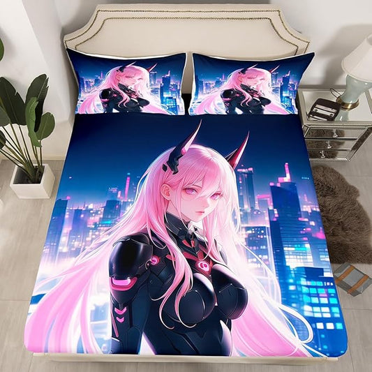 Erosebridal Japanese Anime Bed Sheets Queen Size, Anime Girl Fitted Sheet Kawaii Japanese Style Bedding Set Cartoon Japan Animation Bed Set for Boys Teens Adult Women Bedroom Decor