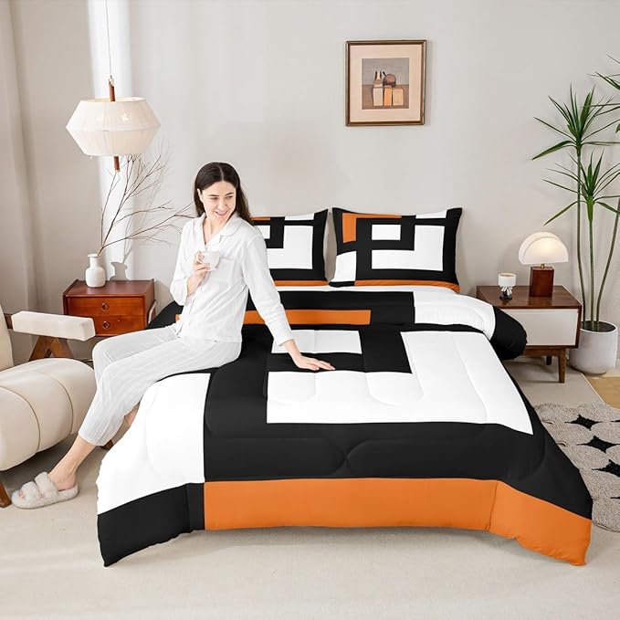 Erosebridal Blue Black and White Striped Twin Bedding Sets for Adult Women Men Square Abstract Comforter Set Modern Geometric Stripes Bold Lines Quilt Set Minimalist Plaids Bed Collections