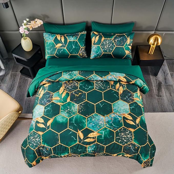 ANGIYUIN 3D Marble Honeycomb King Size Comforter Set, 7Pcs Emerald Green Geometric Hexagon Bed in A Bag, Modern Foil Print Comforter Bedding Sets with Sheets Pillowcases (Green King)