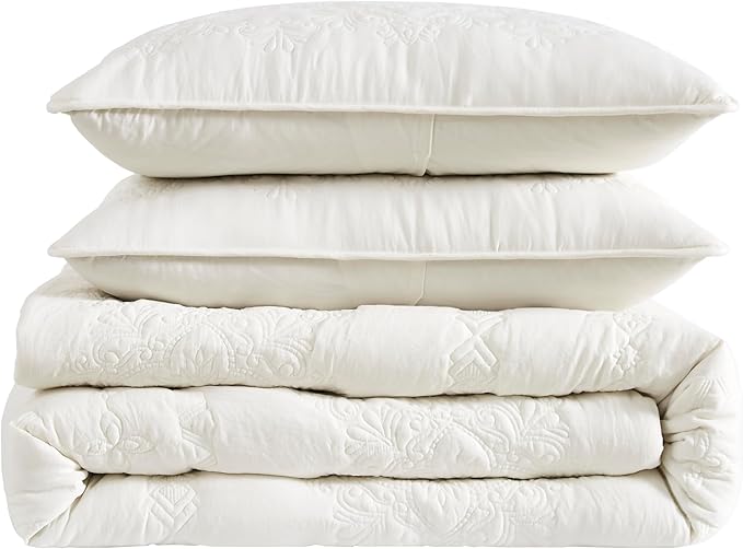 Boho Ivory Quilt Twin Size Bedding Sets with Pillow Sham, Bohemian Lightweight Soft Bedspread Coverlet, Cream Farmhouse Floral Vintage Thin Comforter Bed Cover for All Season, 2 Pieces, 68x90 inches