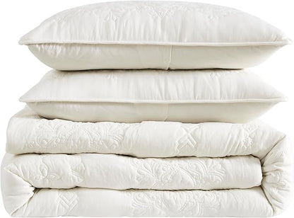 Boho Ivory Quilt Twin Size Bedding Sets with Pillow Sham, Bohemian Lightweight Soft Bedspread Coverlet, Cream Farmhouse Floral Vintage Thin Comforter Bed Cover for All Season, 2 Pieces, 68x90 inches