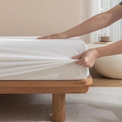 JIYUAN Twin Size Sheet Set, 3-Piece - 100% Washed Cotton, Linen-Like Soft & Breathable, Includes Deep Pocket Fitted & Flat Sheet with 1 Pillowcases, Hotel Quality, Solid Bright White