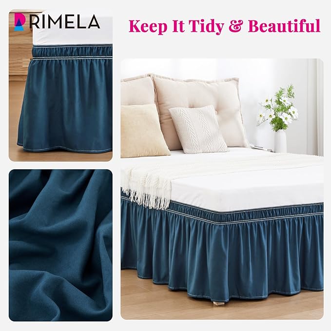 RIMELA Dusty Navy Bed Skirt Queen Size 15 Inch Drop, Wrap Around Elastic Bedskirt, Dust Ruffle for Adjustable Bed Base Machine Washable Easy to Install Bed Skirts