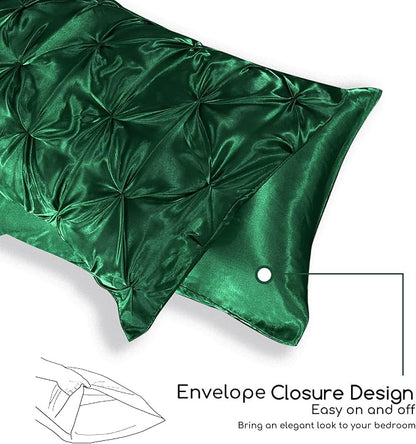 MR&HM Satin Comforter Full 7 Pieces - Luxurious Pinch Pleat Bedding Set with Comforter, Flat Sheet, Fitted Sheet, Pillowcases & Shams, Super Silky Soft Bed Set for All Season (Full, Dark Green)
