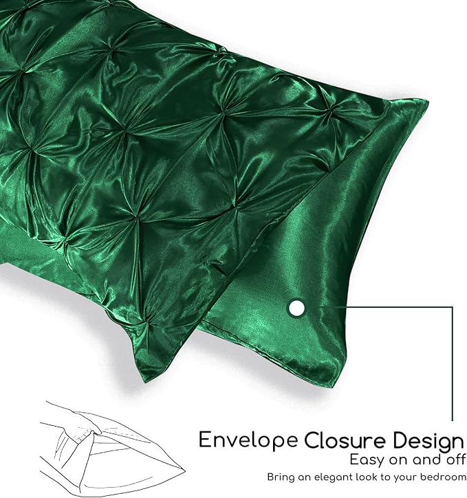 MR&HM Satin Comforter Twin 5 Pieces - Luxurious Pinch Pleat Bedding Set with Comforter, Flat Sheet, Fitted Sheet, Pillowcase & Sham, Super Silky Soft Bed Set for All Season (Twin, Dark Green)