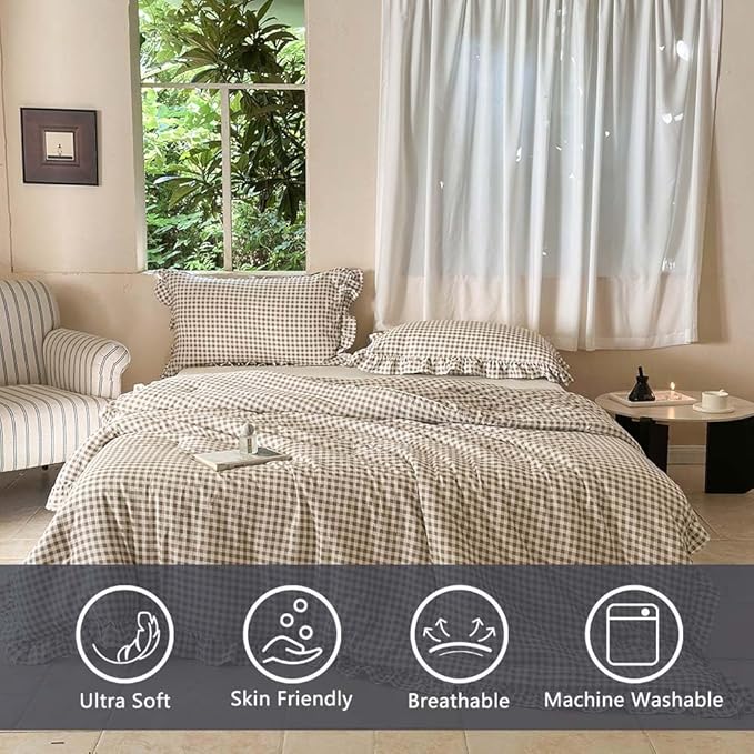 NSNLGSGC Tan Ruffle Gingham Comforter Set King, Pre-Washed Ruffled Taupe Plaid Checked Comforter Bedding, 3 Pieces Vintage Farmhouse Grid Bedding Set(Tan Gingham, King)
