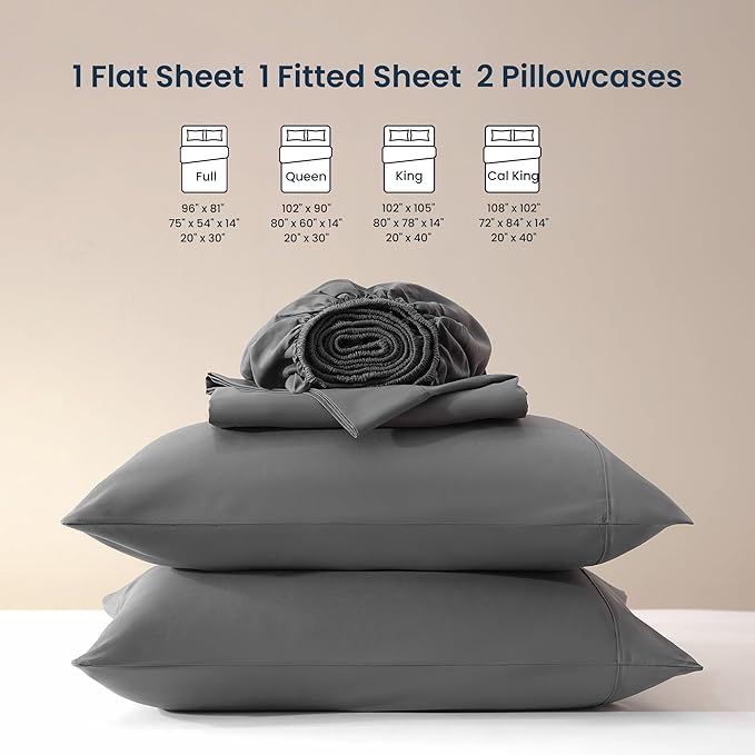 SLEEP ZONE Nanotex Super Soft Cooling Queen Bed Sheets Set 4 Piece - Easy Care Fitted Flat Sheet & Pillowcase Sets - Wrinkle Free, Fade Resistant, Deep Pocket 16" (Gray, Queen)