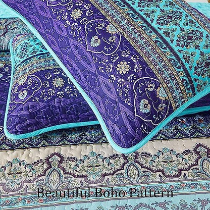 WONGS BEDDING Boho Full Quilt Bedding Set, 3 Pieces Soft Bedspread, Blue