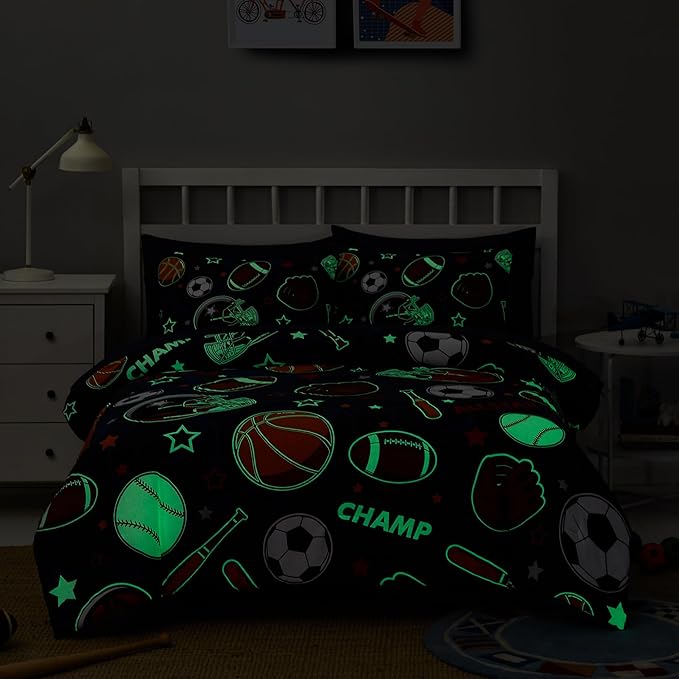 Full Kids Comforter Set - 7 Pieces Full Bedding Sets for Boys Teen, Glow in The Dark Sports Ball Games Bed in A Bag with Sheets