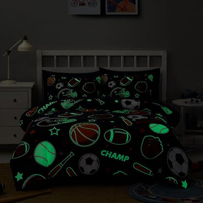 Full Kids Comforter Set - 7 Pieces Full Bedding Sets for Boys Teen, Glow in The Dark Sports Ball Games Bed in A Bag with Sheets