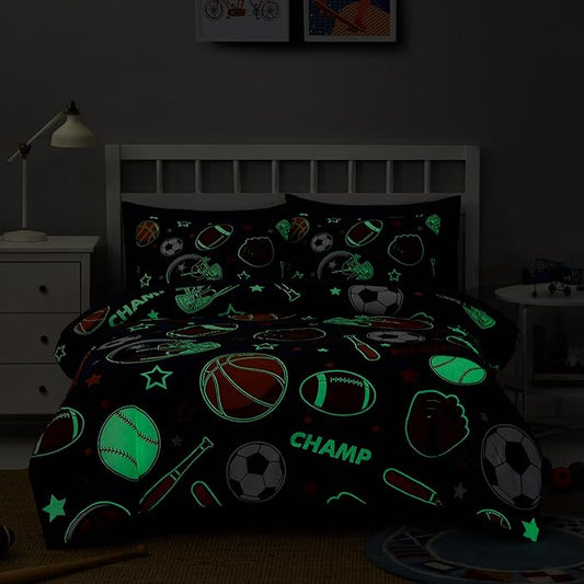 Full Kids Comforter Set - 7 Pieces Full Bedding Sets for Boys Teen, Glow in The Dark Sports Ball Games Bed in A Bag with Sheets