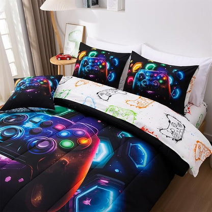 Aimuan Game Console Comforter Set for Boys Girls Kids Space Universe Gaming Geometric Lightweight Microfiber Gamer Bedding Sets (Black-Multi, Queen 6Pcs)