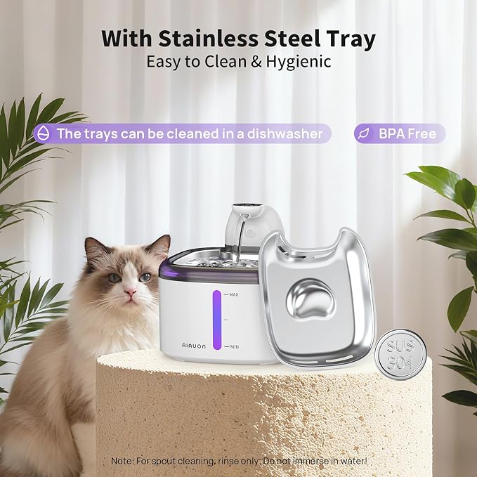 Cat Water Fountain Cordless 118oz/3.5L Wireless & Battery Operated Pet Water Fountain for Indoor Cats, Stainless Steel Tray with Sensor & Timer Modes, Ultra-Quiet, BPA-Free (Cat Fountain+8Filters)