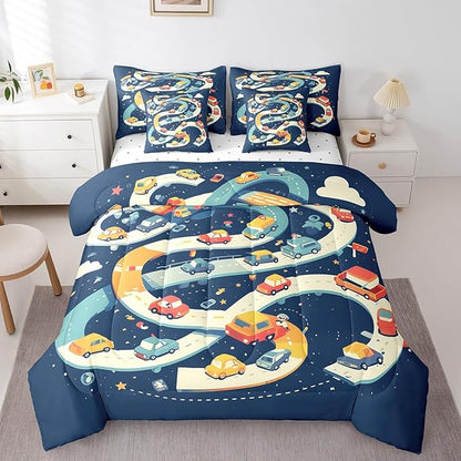 Castle Fairy Road Traffic Comforter Set King Size,Colorful Cartoon Cars Bed Set 7pcs with Comforter,Fitted Sheet,Flat Sheet,2 Pillowcases and 2 Throw Pillow Covers,Vehicle Car Bedding for Kids