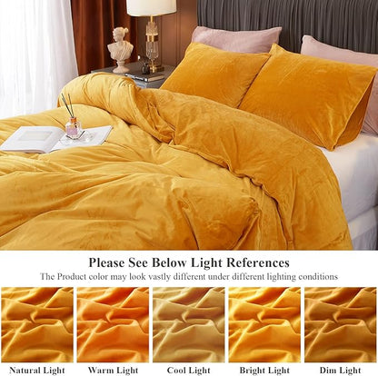 Ivellow Velvet Flannel Duvet Cover King Size Gold Comforter Cover Set Ultra Soft Breathable Cozy Velour Solid Luxury Bedding Set Zipper Closure Corner Ties