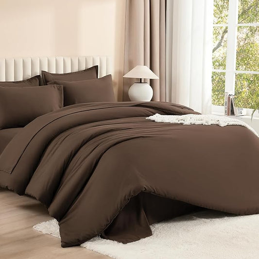 Litanika Super King Comforter Sets Brown - 7 Pieces Bed in a Bag Oversized King Bedding Comforter Sets, Solid Lightweight Bed Set with Comforter, Sheets, Pillowcases & Shams