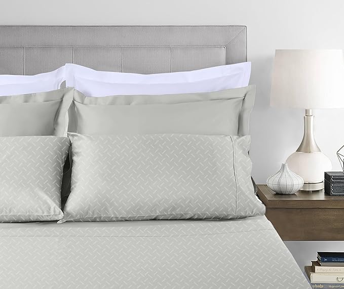 Threadmill 100% Cotton Sheets for King Size Bed | 4 Pc King Bed Sheets Set | Soft, Breathable Lightweight Damask Sateen for All-Season Use | Snug Fit Elastic Deep Pocket King Sheets | Light Grey