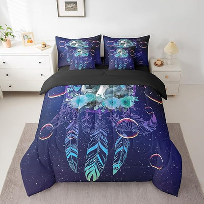 Unicorn Bed in a Bag King Size Comforter Set 7 Pieces,Dream Catchers Feather Bedding Sets Dreamy Horse Animal Sheet Set with Comforter