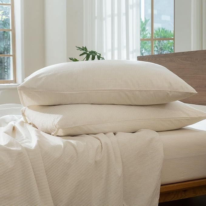 MooMee Striped Duvet Cover Set 100% Washed Cotton Linen Like Textured Breathable Durable Soft Comfy (Almond Milk Grey Pinstripes, Full 80"x90")