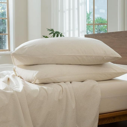 MooMee Striped Duvet Cover Set 100% Washed Cotton Linen Like Textured Breathable Durable Soft Comfy (Almond Milk Grey Pinstripes, Super King 108"x98")