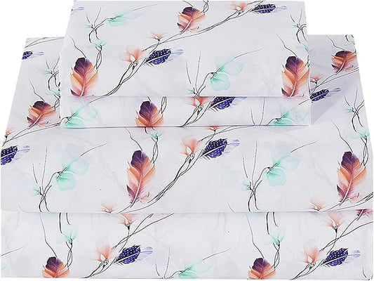 Softan Floral Twin Sheet Set, 3-Piece Cozy Microfiber Pastel Blooms Printed Fitted Bed Sheet with 15" Deep Pockets & Non-Slip Straps, Feather Patterned Sheets & Pillowcase Set