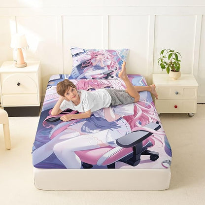 Erosebridal Kawaii Japanese Girl Fitted Sheet for Boys Girls Kids Cartoon Anime Twin Bed Sheets,Girls Gamer Sheets 3D Japanese Style Bedding Sets, No Top Sheet