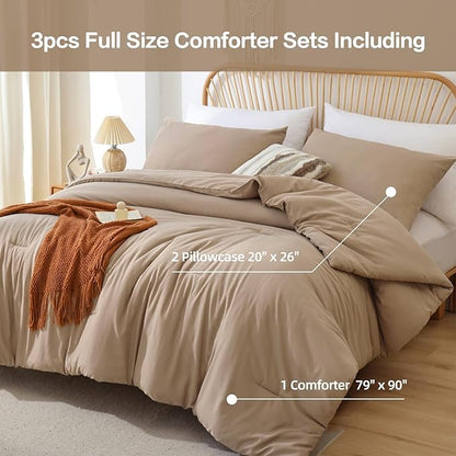 ROSGONIA Comforter Full Size for Girls Boys Teens Taupe Brown, 3pcs(1 Boho Tan Comforter & 2 Pillowcases), Lightweight Dorm Bedding All Season Bed Set