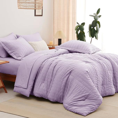 CozyLux King Size Comforter Set Light Purple Seersucker 7 Pieces Bed in a Bag King Comforter Set with Sheets, Lavender Luxury Bedding Sets with Down Alternative Comforter, Sheets, Pillowcases & Shams