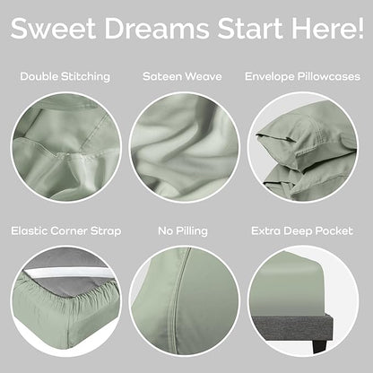 Viscose Bamboo Twin XL Sheets 3PC Set - Extra Long - Cooling Bedding for Hot Sleepers with Moisture Wicking Technology - Silky Soft 16 Inch Deep Pocket, Sage - 38" x 80"