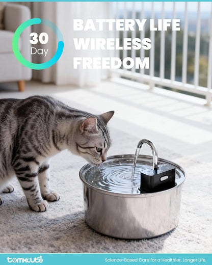 Tomxcute Cat Water Fountain Stainless Steel, 108oz Wireless Pet Fountain | 3 Smart Water Supply Modes Automatic Battery Operated Fountain with 3 Replacement Filters for Cats, Dogs, Multiple Pets