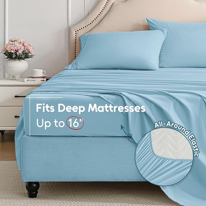 King Size Sheets Set, 4 Pieces Hotel Luxury Soft Microfiber Bed Sheets Set, Up to 16" Deep Pockets, Oeko-Tex Sheets with Elastic, Breathable, Wrinkle Free (Sky Blue, King)
