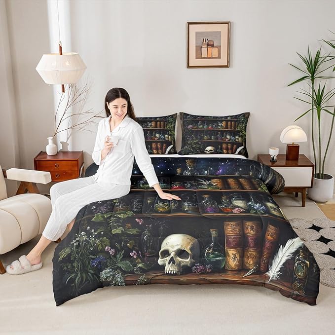 Sugar Skull Comforter Set King Size,Retro Wooden Bookshelf Bedding Set 3Pcs for Kids Teens Girls Boys Room Decor,Magical Gothic Style Quilted Duvet Boho Floral Down Comforter,2 Pillowcases