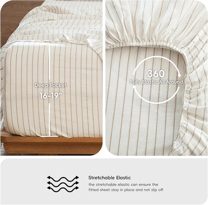 MooMee Striped Sheet Set 100% Washed Cotton Linen Like Textured Breathable Durable Soft Comfy (White Tannish Linen Grey Wide Stripes, Queen)