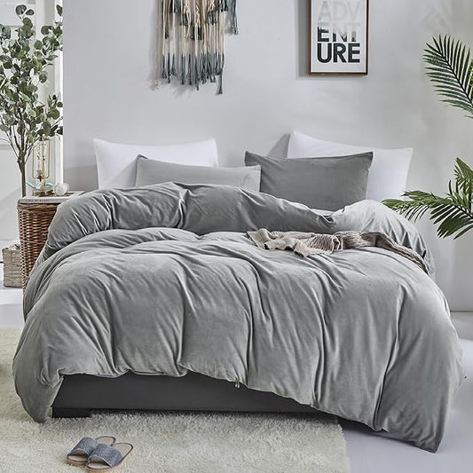 Luxlovery Grey Velvet Comforter Set - Full Plush Fluffy Bedding - Thick Warm Flannel Sherpa Comforter for Women & Men