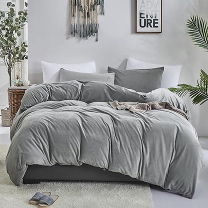 Luxlovery Grey Velvet Comforter Set Queen Men Women Plush Fluffy Dark Grey Bedding Comforter Set Flannel Heavyweight Winter Thick Warm Comforter Set