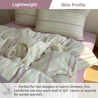 EAVD Vintage Striped Comforter Set Full Soft Cotton Retro Purple&Green Vertical Striped Bedding Set with 2 Pillowcases Boho Geometric Pattern Comforter Set for All-Season Breathable Lightweight
